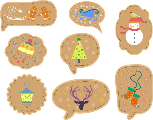 Etiquetas de Navidad colección varias formas de símbolos en color marrón