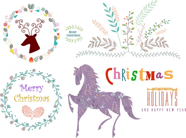 Natal logo set berbagai simbol di multicolors