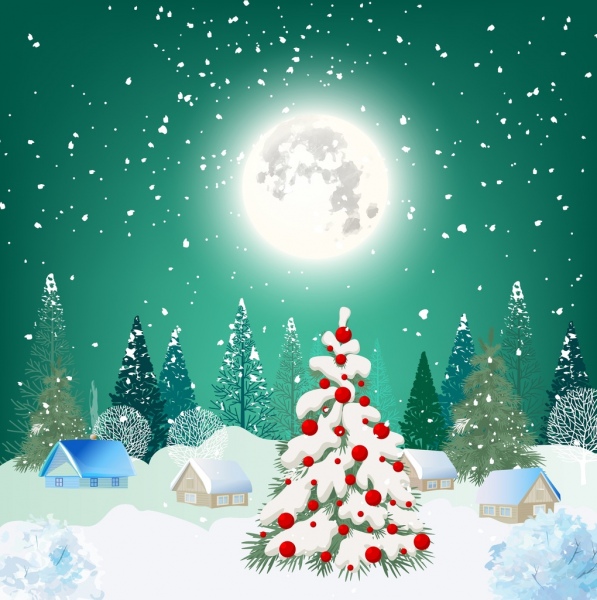 Trang trí cảnh tuyết ánh trăng sáng nền đêm Giáng sinh