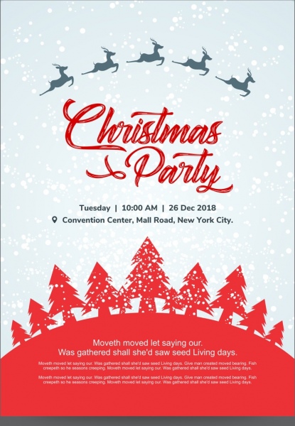 cartolina di invito festa di Natale con il rosso decorato gli alberi di Natale e le renne avendo nevicata priorità bassa blu