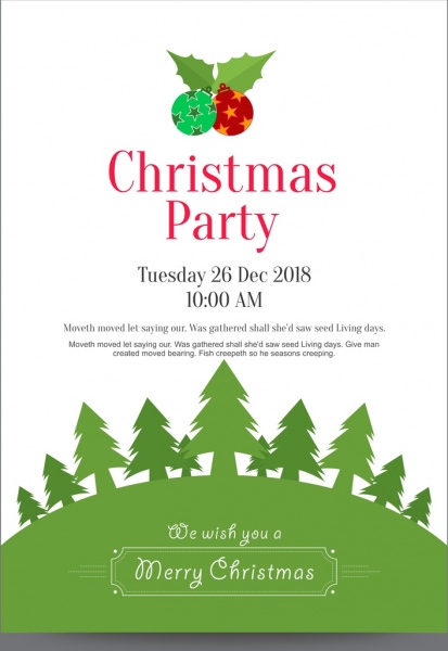 Natal Partai undangan poster atau kartu dengan gelas anggur yang memiliki kepingan salju abu-abu latar belakang dan hijau border bawah dengan ornamen