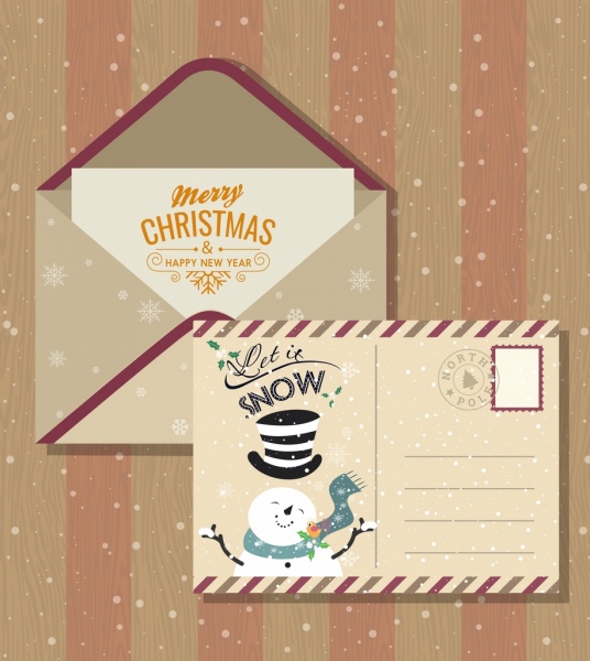 Рождественская открытка шаблон классический снеговик снежинки декор
