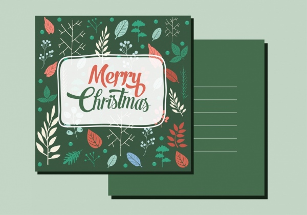 Postal de Navidad ornamento de hojas verde oscuro de los iconos de la plantilla