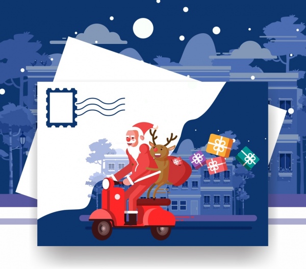 Modèle de carte postale de Noël Père Noël renne moto, icônes
