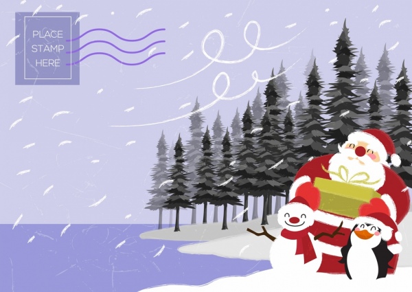 Postal de Navidad plantilla Santa Snowman Penguin iconos