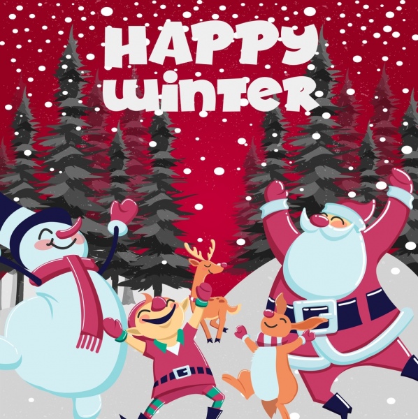 Christmas Poster Playful Santa Snowman Reindeer Rabbit Icons