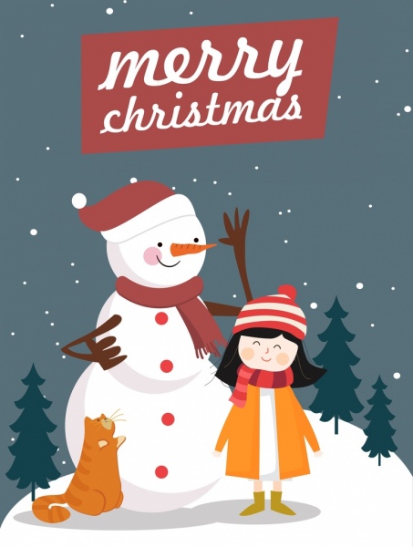 Muñeco de nieve de Navidad los iconos de diseño de dibujos animados de colores chica Poster
