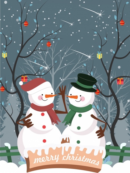 Cartel de iconos de Navidad muñeco de nieve nieve arboles sin hojas al aire libre