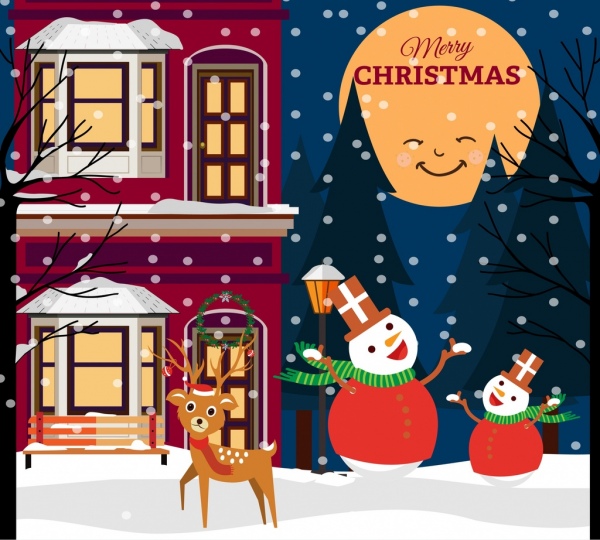 圣诞节海报风格化月亮雪人驯鹿图标装饰