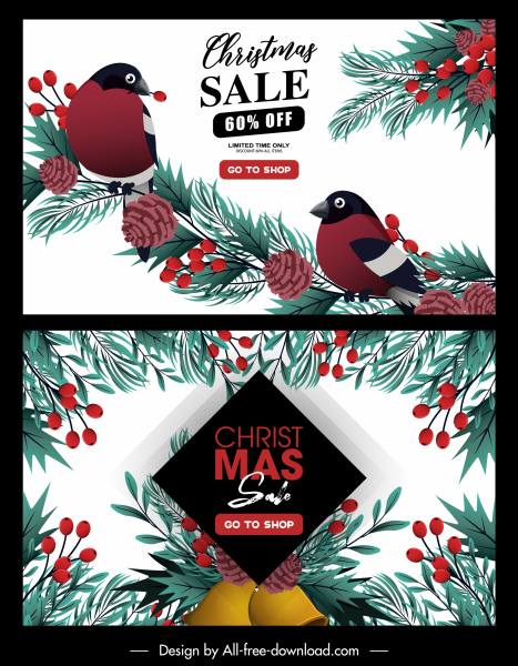 Affiches de vente de Noel oiseaux pin arbre éléments décor