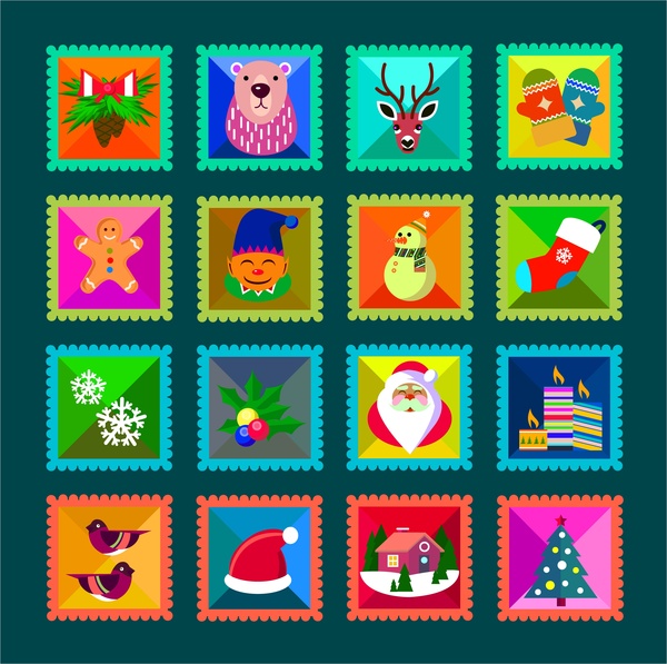ilustrasi koleksi perangko Natal dengan simbol-simbol lucu