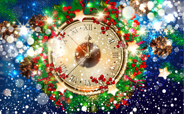 Weihnachts-Vorlage-design mit Uhr und Bokeh Hintergrund