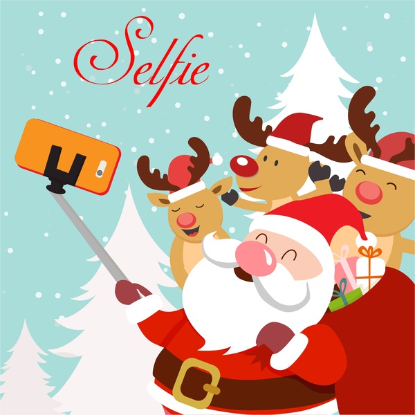 ilustração de modelo Natal com selfie Papai Noel e renas