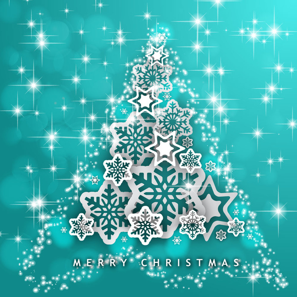 Weihnachtsbaum-Hintergrund mit voller Sterne und Flocken