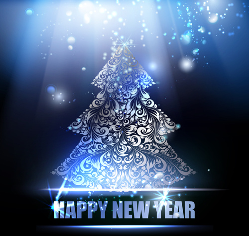 Yeni yıl mavi arka plan ile Noel ağacı