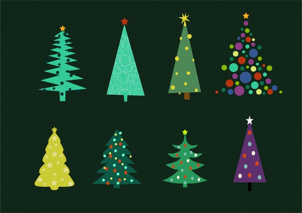 Natal pohon koleksi berbagai bentuk pada latar belakang gelap