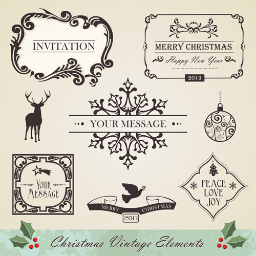 Christmas Vintage Ornaments Elements Vector Set