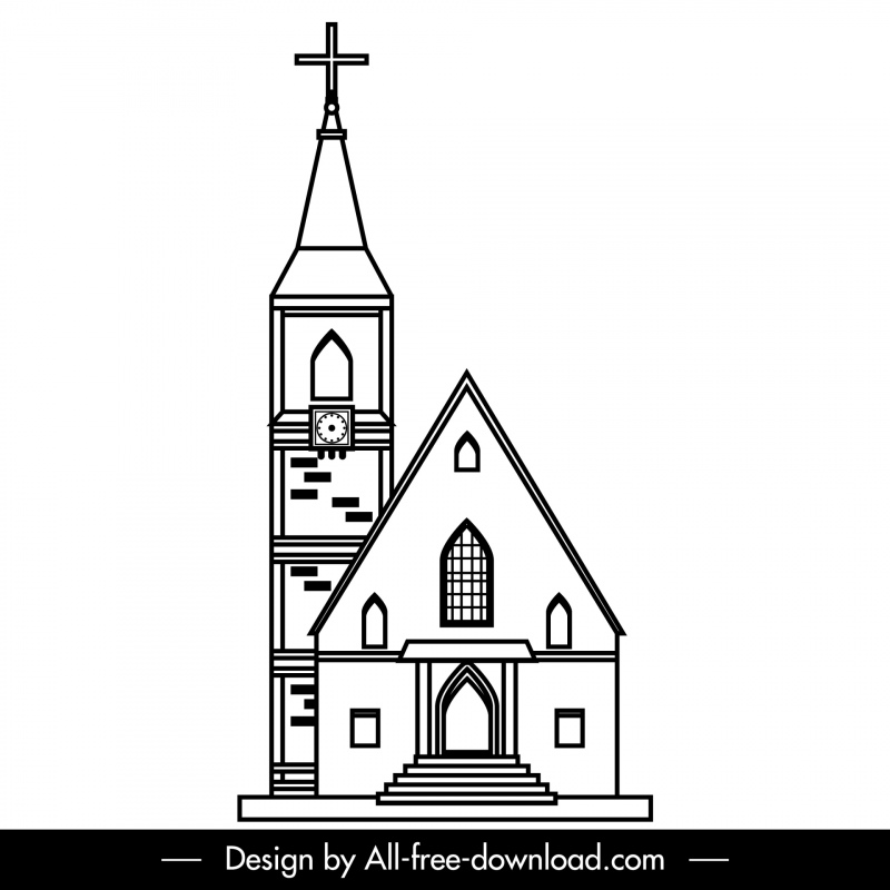 ไอคอนป้ายโบสถ์ สีดํา สีขาว ภาพร่างศิลปะเส้นแบน