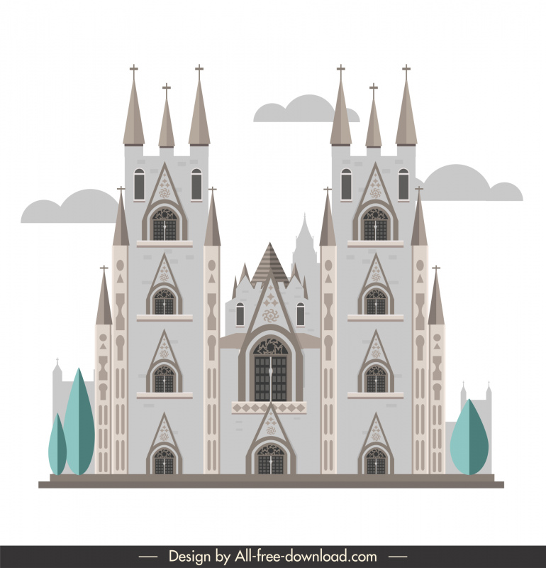 Plantilla de letrero de la catedral de la iglesia contorno clásico simétrico plano