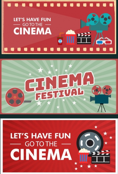cinema banner modelos coloridos horizontal desenha vários símbolos