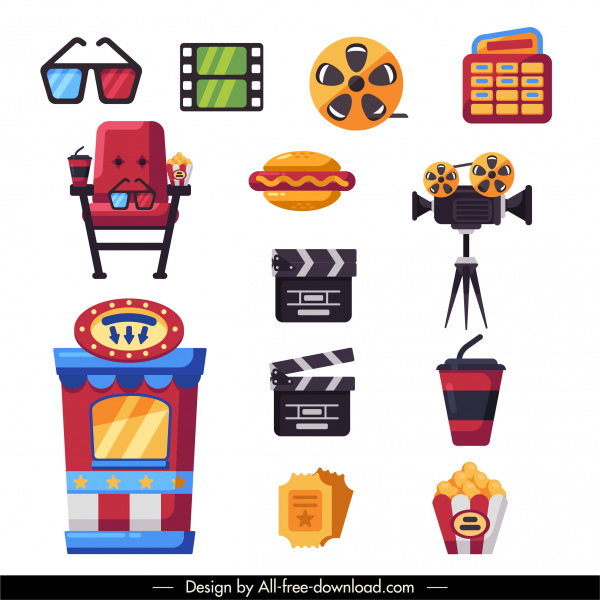 elementos de design de cinema esboço de símbolos planos coloridos