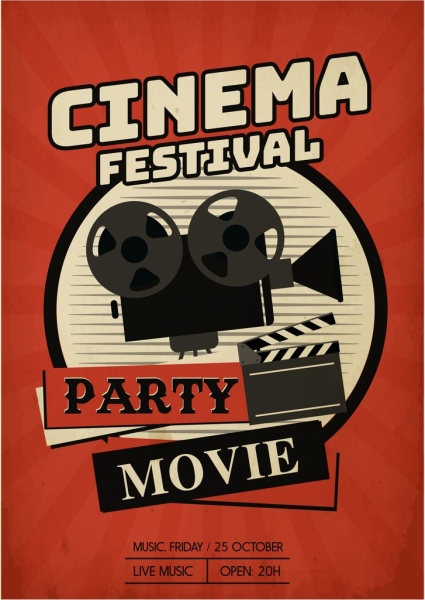 Bannière de festival de cinéma rétro décor brun rouge foncé