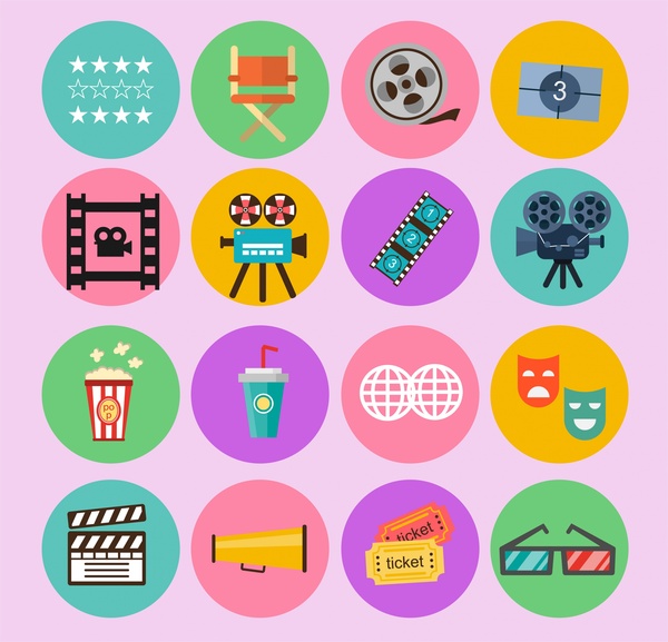 Kino-Film-Ikonen isoliert mit farbigen Symbolen
