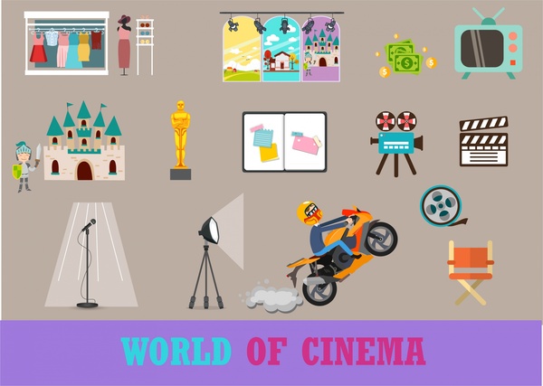 illustrazione di simboli di cinema con vari stili colorati