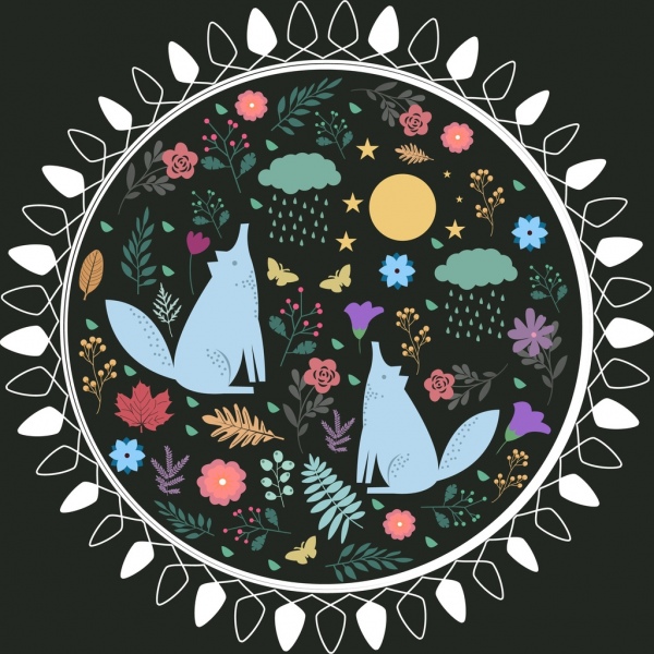 ícones de animais flores do círculo decoração desenho animado colorido lisos