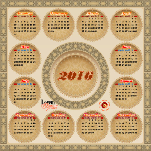 円形 calendar16 ビンテージ ベクトル