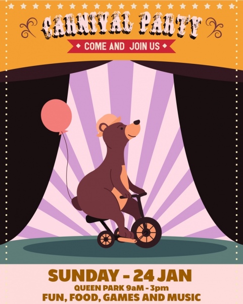 馬戲團廣告可愛的熊自行車圖示古典設計