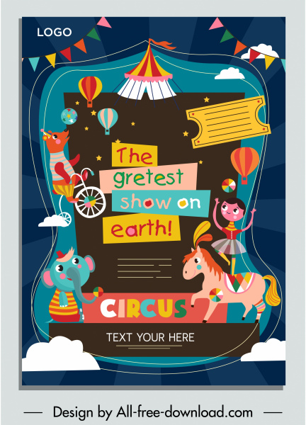 boceto de personajes de dibujos animados coloridos lindo de banner de publicidad de circo