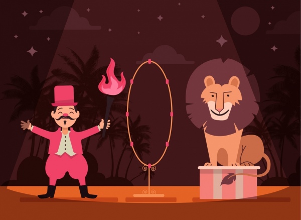 馬戲團背景獅子教練火圖示卡通設計