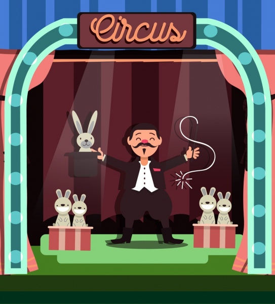 马戏团背景魔术师兔子图标彩色卡通