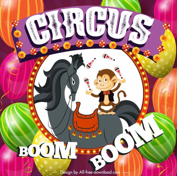 sirk afiş renkli balonlar hayvanlar performans kroki