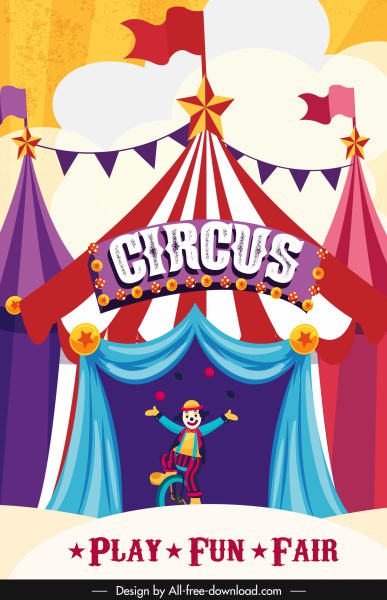 Banner sirkus tenda badut warna-warni desain klasik