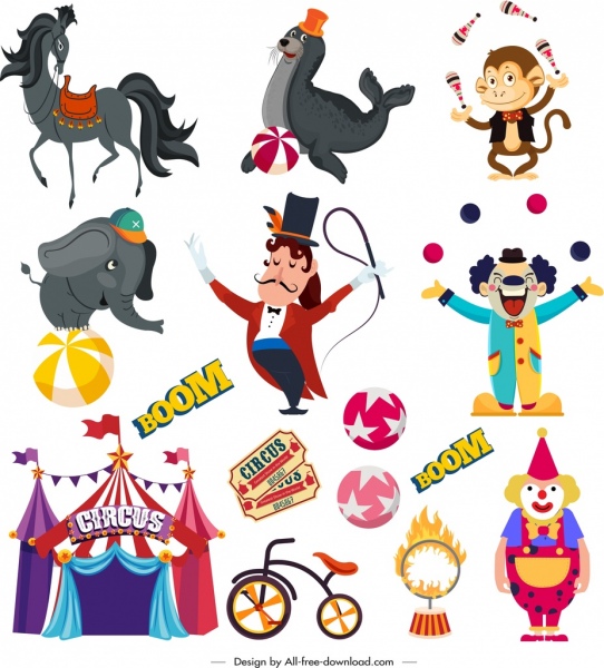 Elementos de diseño de circo animales Carpa de payaso Artista Boceto