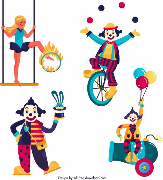 elementos de diseño de circo payaso artista intérprete o ejecutante iconos dibujos animados diseño
