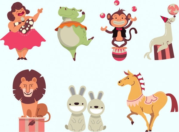 éléments de conception de cirque coloré des personnages de dessins animés
