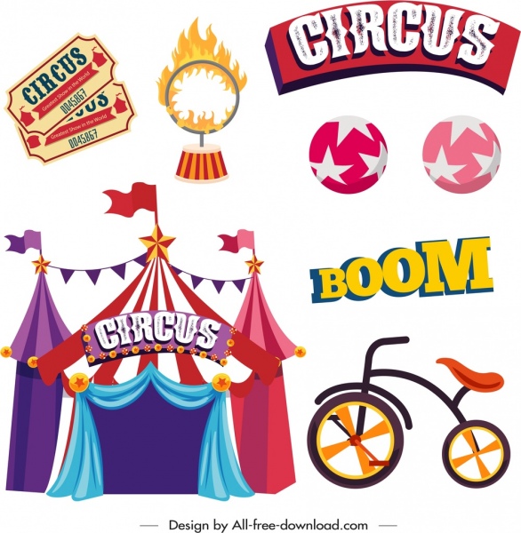 éléments de conception de cirque coloré icônes classiques croquis