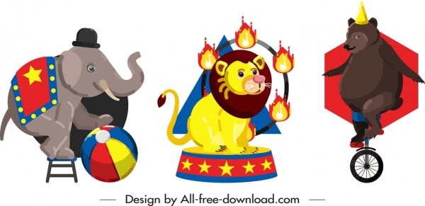 서커스 디자인 요소 코끼리 사자 곰 성능 아이콘