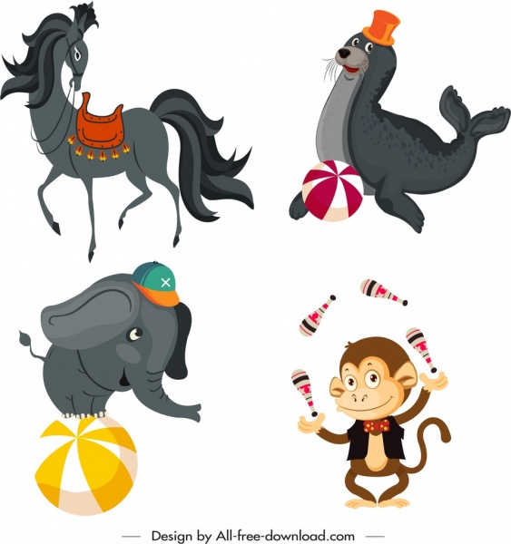 éléments de conception de cirque cheval phoque singe éléphant croquis