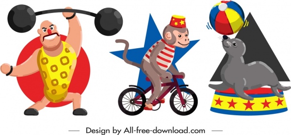 Цирк дизайн элементы исполнитель животных иконы Мультфильм символов