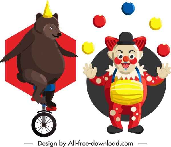 elemen desain sirkus melakukan beruang badut ikon