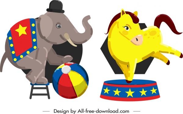 Zirkus-Design-Elemente ausführen Elefant Pferd Symbole