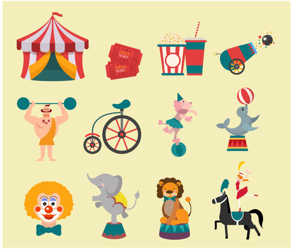 elementos de design de circo com ilustração estilo plano colorido