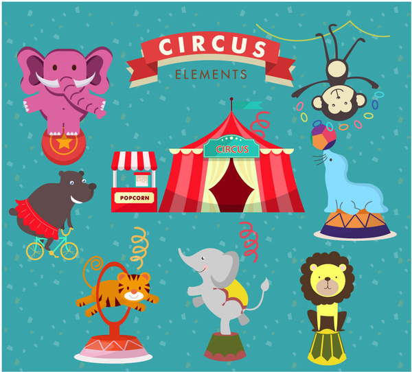 desain vektor elemen sirkus dengan hewan berkinerja lucu