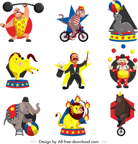 coleção de ícones de circo design de personagens de desenhos animados coloridos