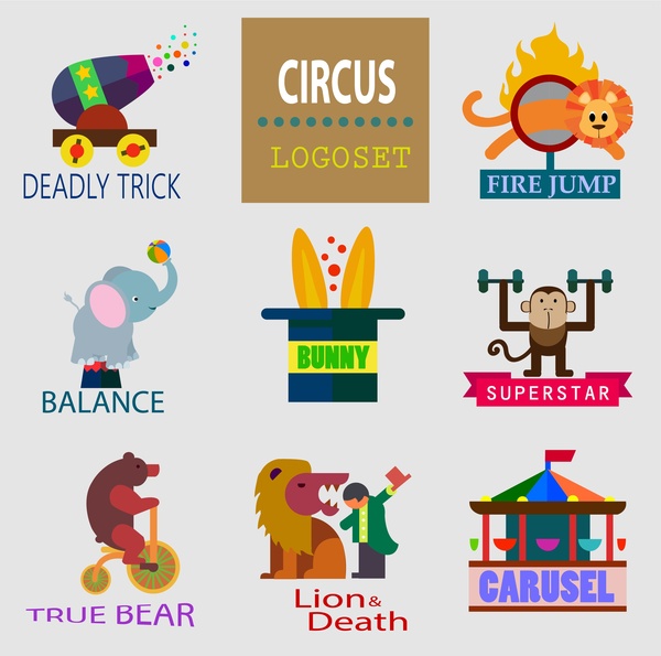 düz renkli amblem tasarımı ile sirk logo setleri