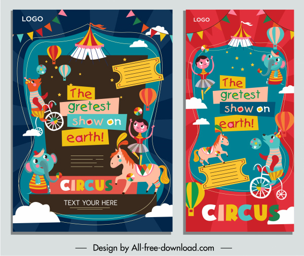 sirkus poster template warna-warni dekorasi sibuk kartun desain
